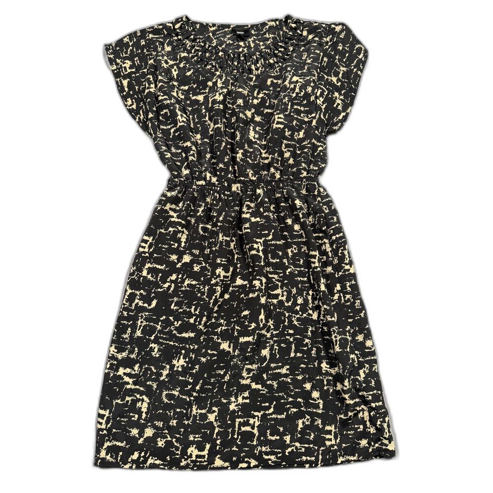 Mossimo Black Cream Abstract Print Dress Size S | Pleated Neckline Elastic Waist
